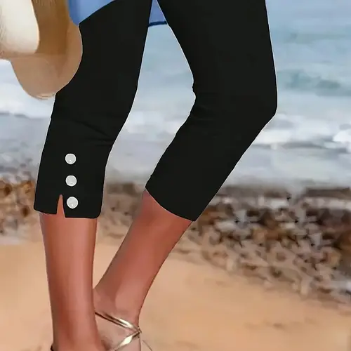 womens elastic capri pants with elastic waistband button details medium stretch knit season casual formal wear machine washable solid color capri leggings formal capri pants leggings sleek fabric design