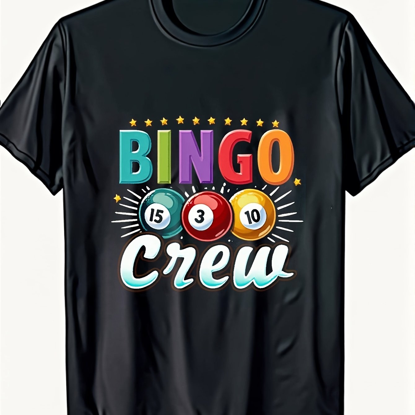 TEMU Men's Bingo Party T-shirt - Printed With 1-75 Numbers And Bingocrew Logo - With Colorful Bingo Balls Design - Ideal For And Bingo Tournaments