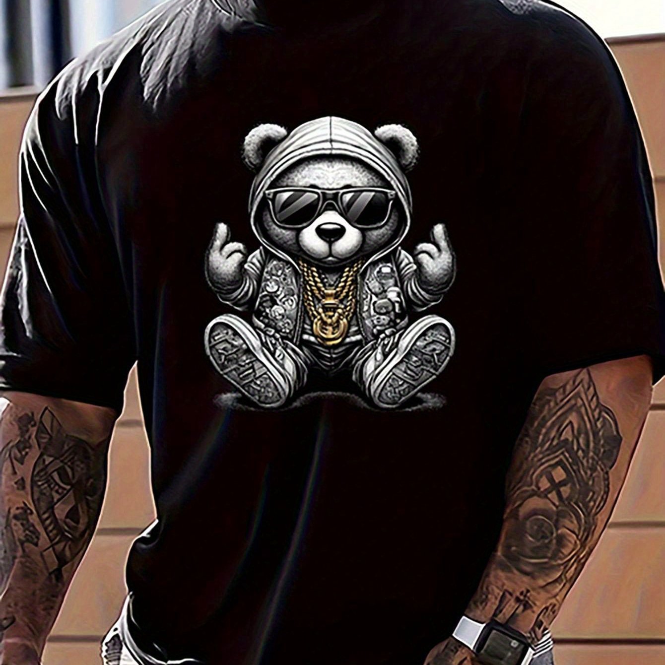 Image of Plus Size Men's T-shirt Cotton Men's Casual Short Sleeve Cartoon Bear Print Crew Neck T-shirt, Summer, Graphic Tee, Plus Size