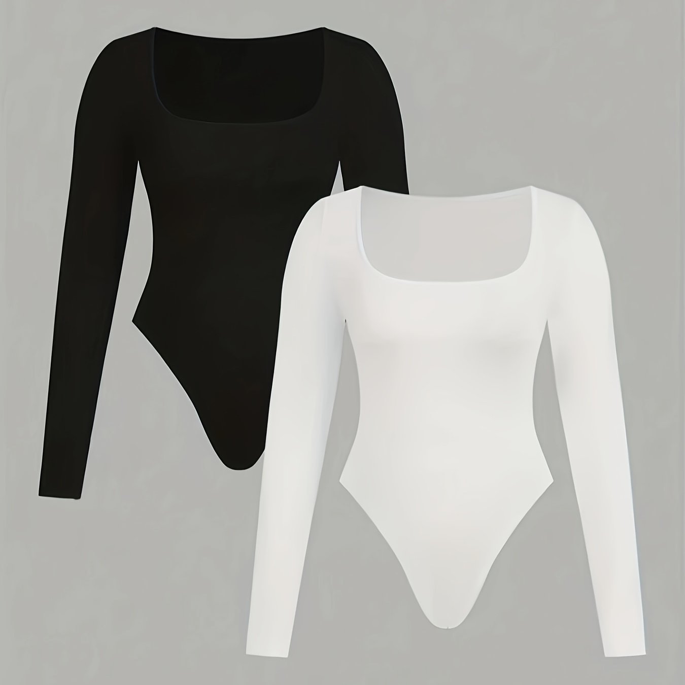 Image of 2pcs Girls' Soft Long Sleeve Square Neck Bodysuits - Black & White, Stretchy & Comfortable For Casual Attire, Outdoor Activities, And Casual Play, Clothes For Girls