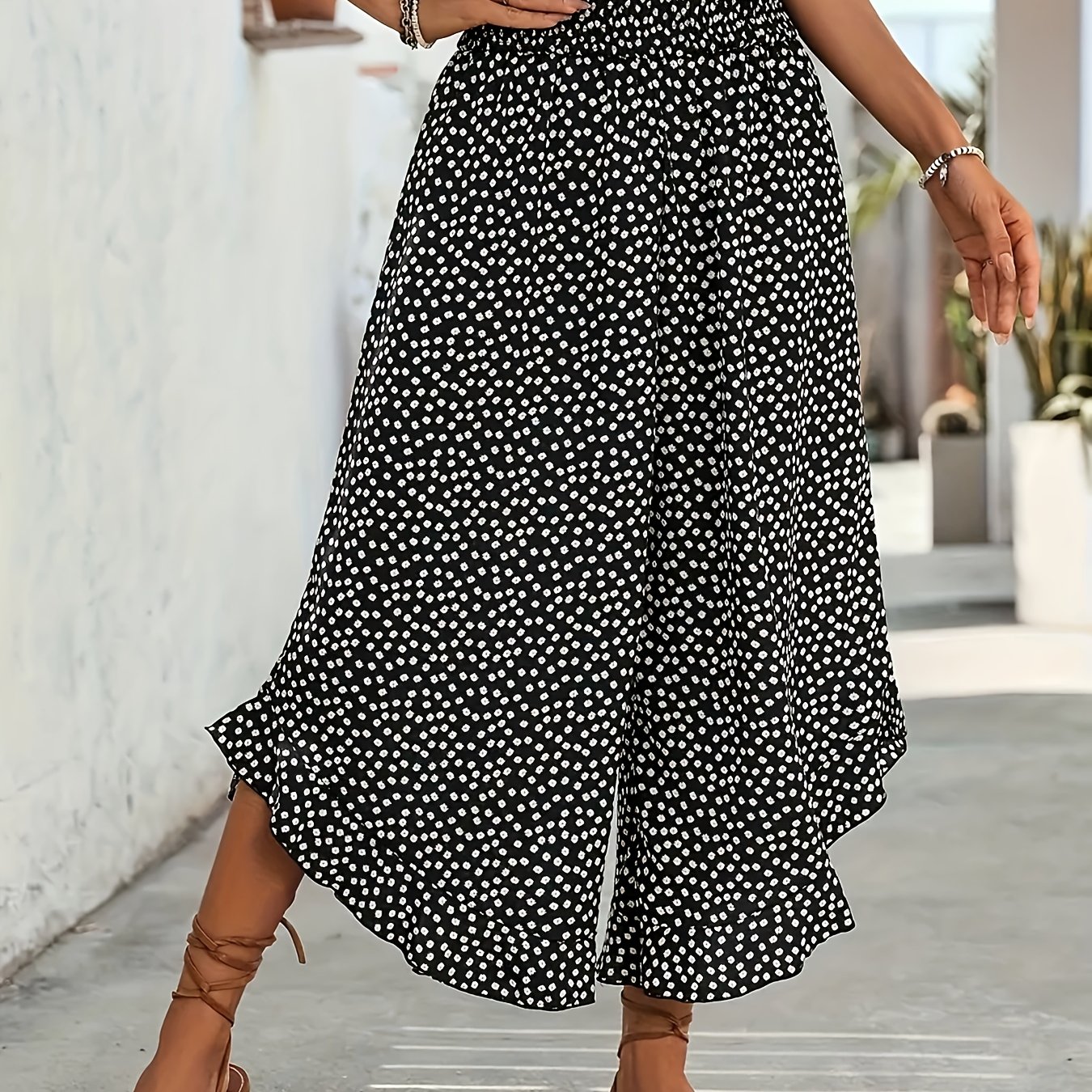 Plus Size - Plus Size - A Summer Casual Black Background Small Floral Ruffle Hem Women's Loose Pants, Elegant Style, Machine Washable