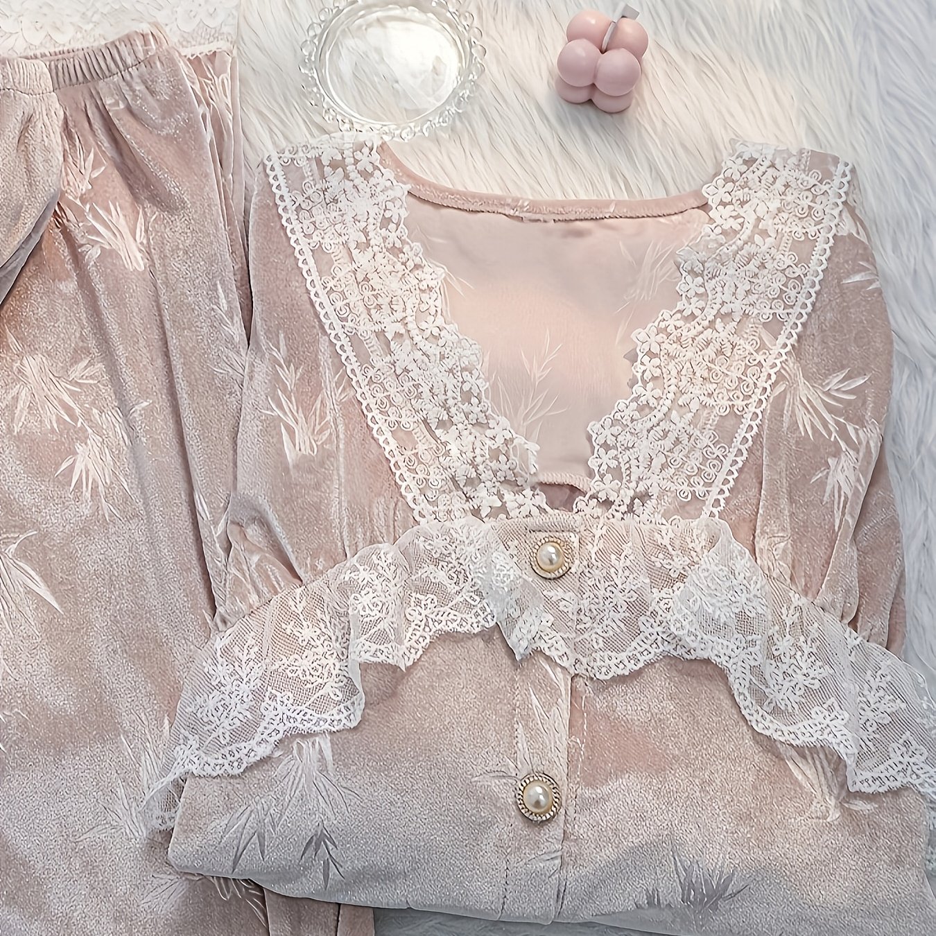 Image of Internet Celebrity Style Pink V-neck Pajamas Women's Autumn Winter Velvet Set Home Clothes