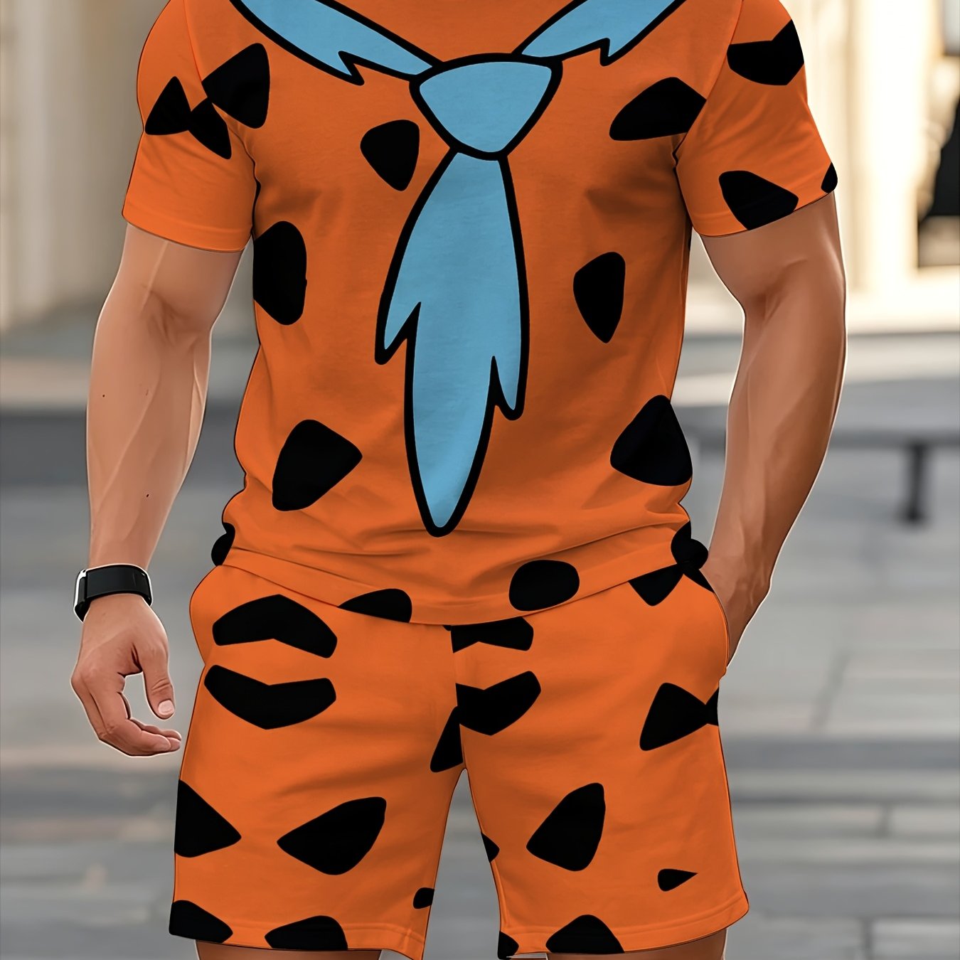 TEMU Men's Orange Spotted Cartoon Print Short-sleeve 2pcs Set, Fashionable Casual Sportswear
