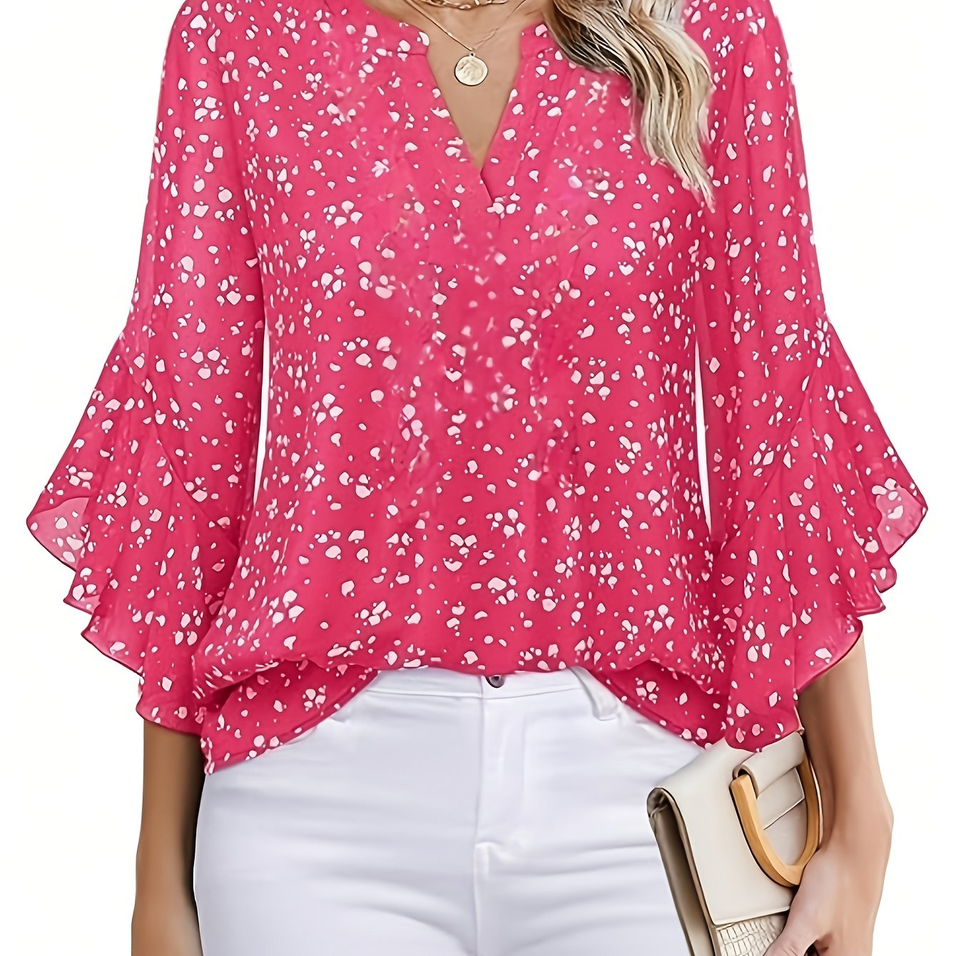 TEMU Elegant Special Women's Floral Print V-neck Flared Three-quarter Sleeve Loose-flowing Chiffon Blouse Top, Suitable For Daily Commuting, Casual