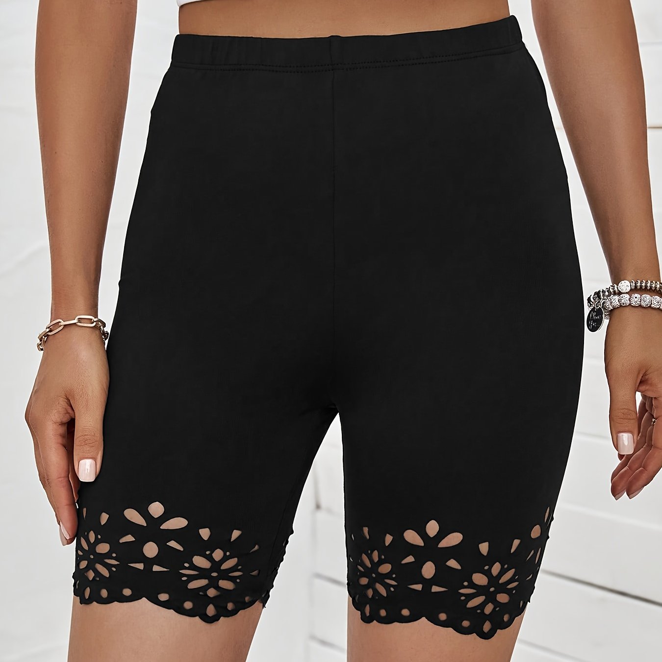 Summer Casual Women's Hollow-out Flower Solid Color Elastic Mid-waist Comfortable All-match Tight Short Shorts