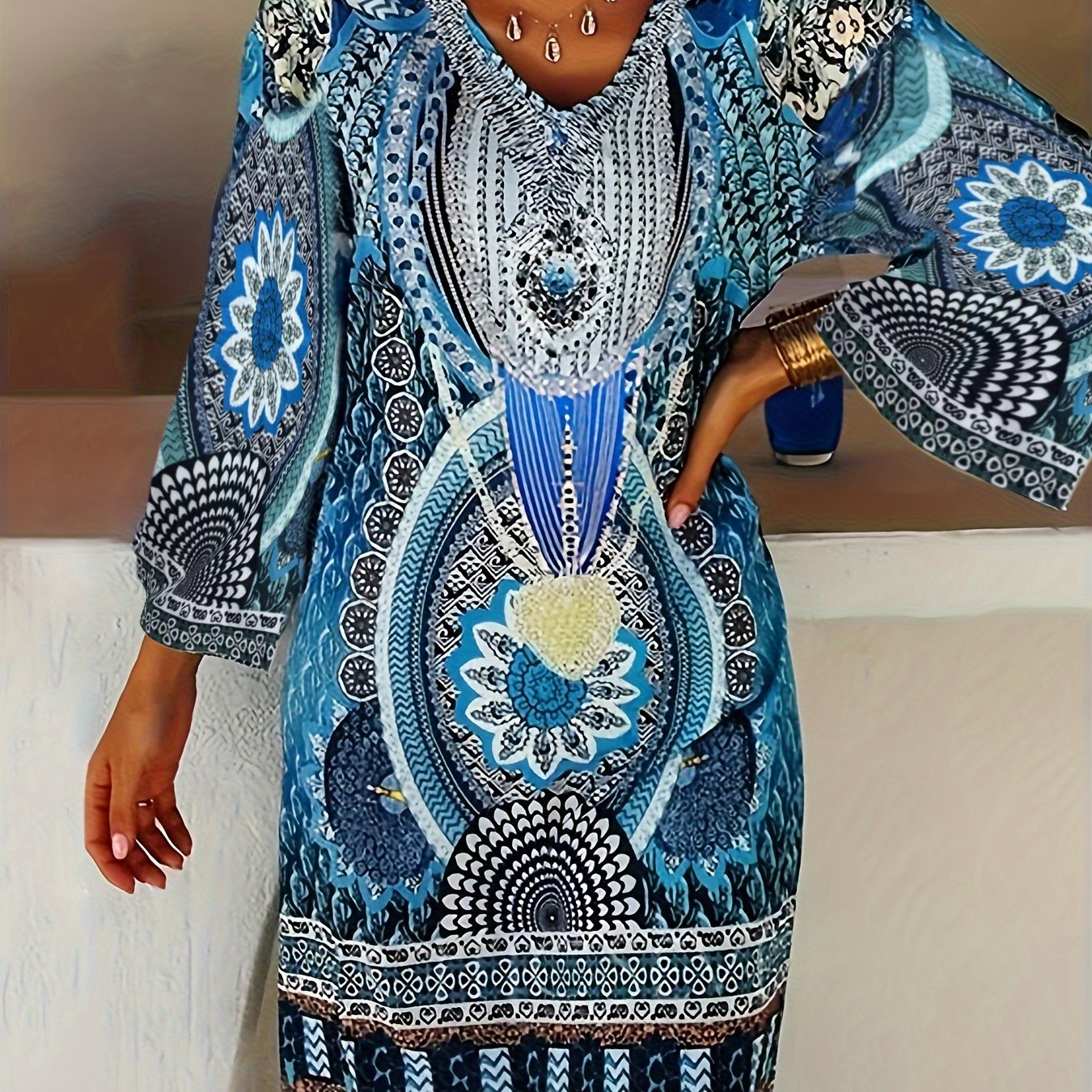 Plus Size, /summer/autumn Plus Size Ethnic Print V-neck Casual Midi Dress