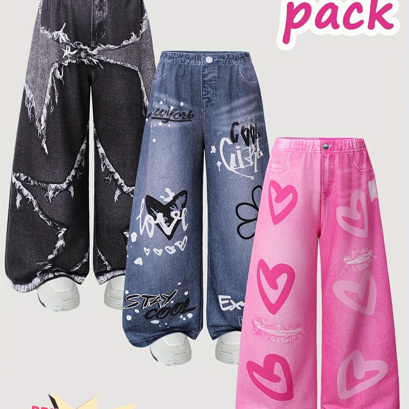 Print Design – Not Textured 3pcs Girls' Fashion Wide-leg Pants, Star Heart Letter Fashion Distressed Effect , Denim With Fake Pockets Print, Trendy And Cool For Girls, For Outdoor