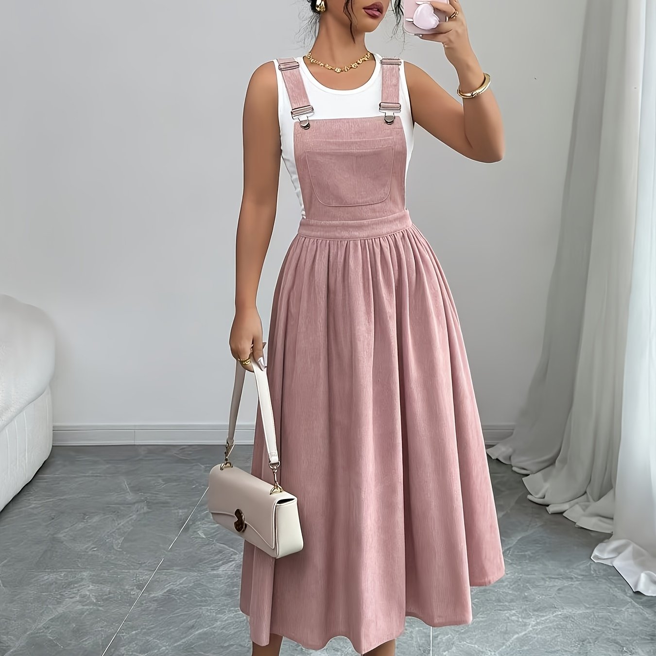 TEMU Solid Color Corduroy Suspender Skirt