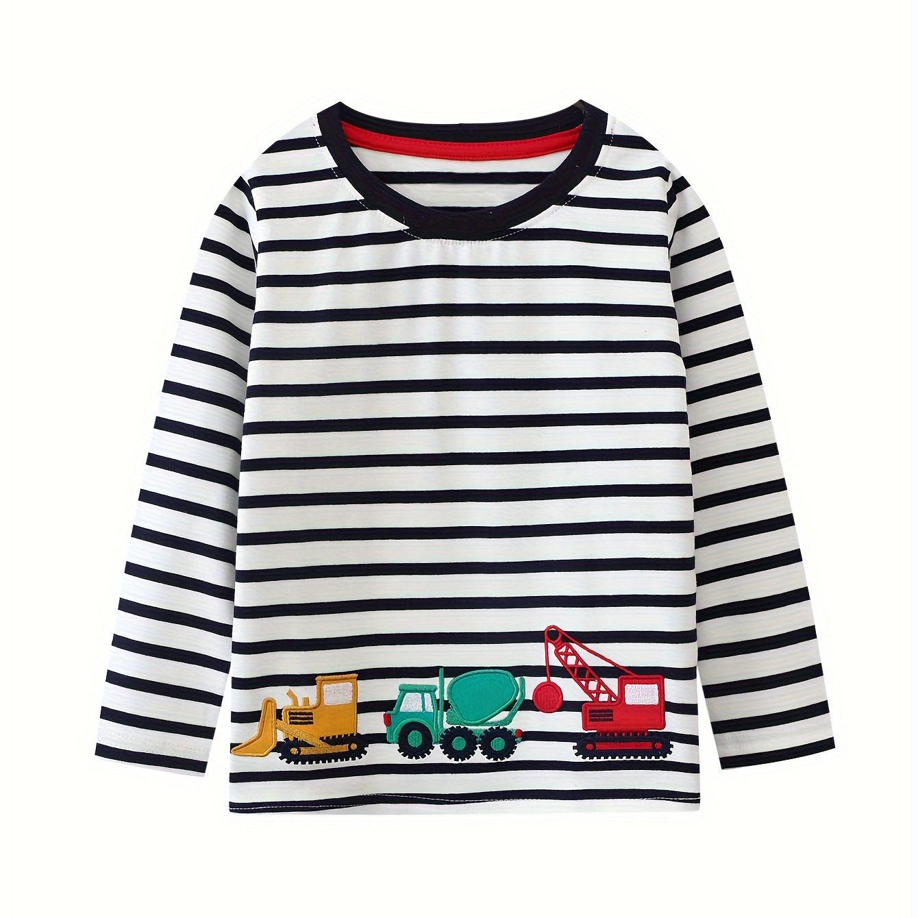 Image of Spring And Autumn Style Cartoon Long-sleeve Top For Boys Featuring A Soft And Casual Design With An Embroidered Excavator And Construction Vehicle Pattern