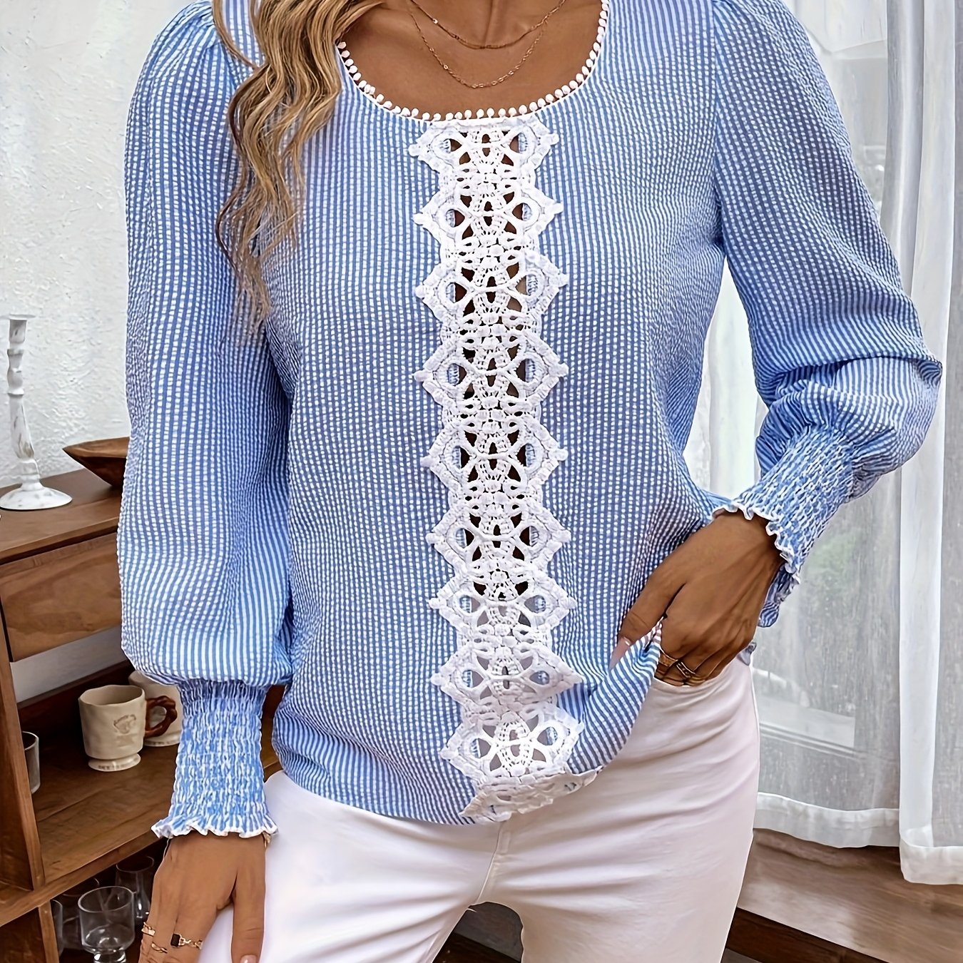Image of Women's Sea Salt Blue Striped Lace Shirt With Wavy Lace Trim, Slim , , Breathable, Pretty Blouse