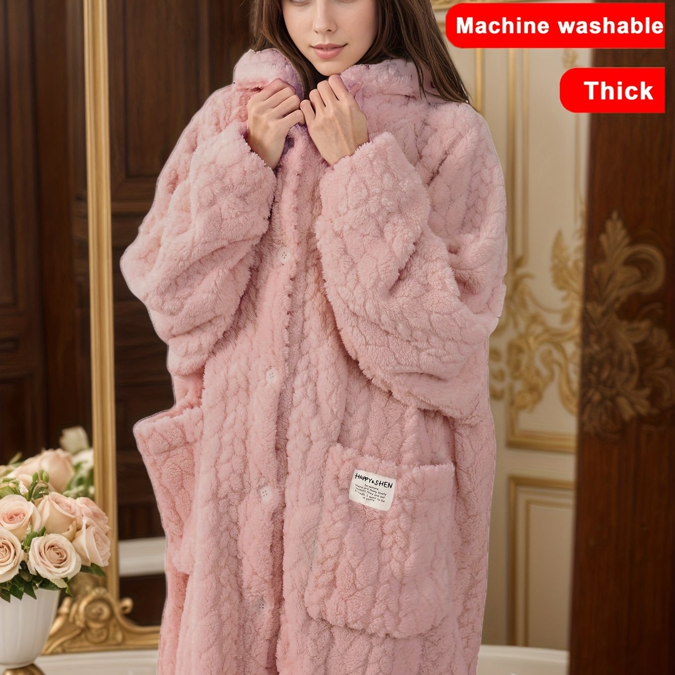 TEMU Fall Winter Flannel Women's Loose Plus Size Robe - Home Sleepwear, Thickened Warm, Comfortable Soft, Button-front, Long Sleeve Hooded With 2