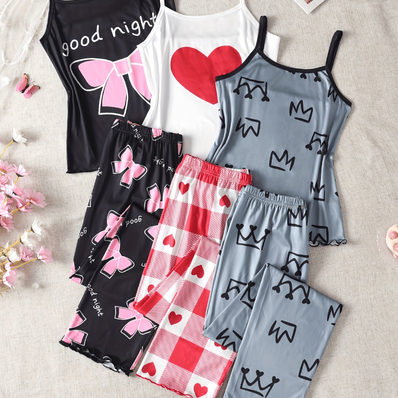Image of Random 1 Set - ' Fashion Heart, Bow And Crown Print Camisole And Long Pants Casual Loungewear Set, For Teenager, For Teenager