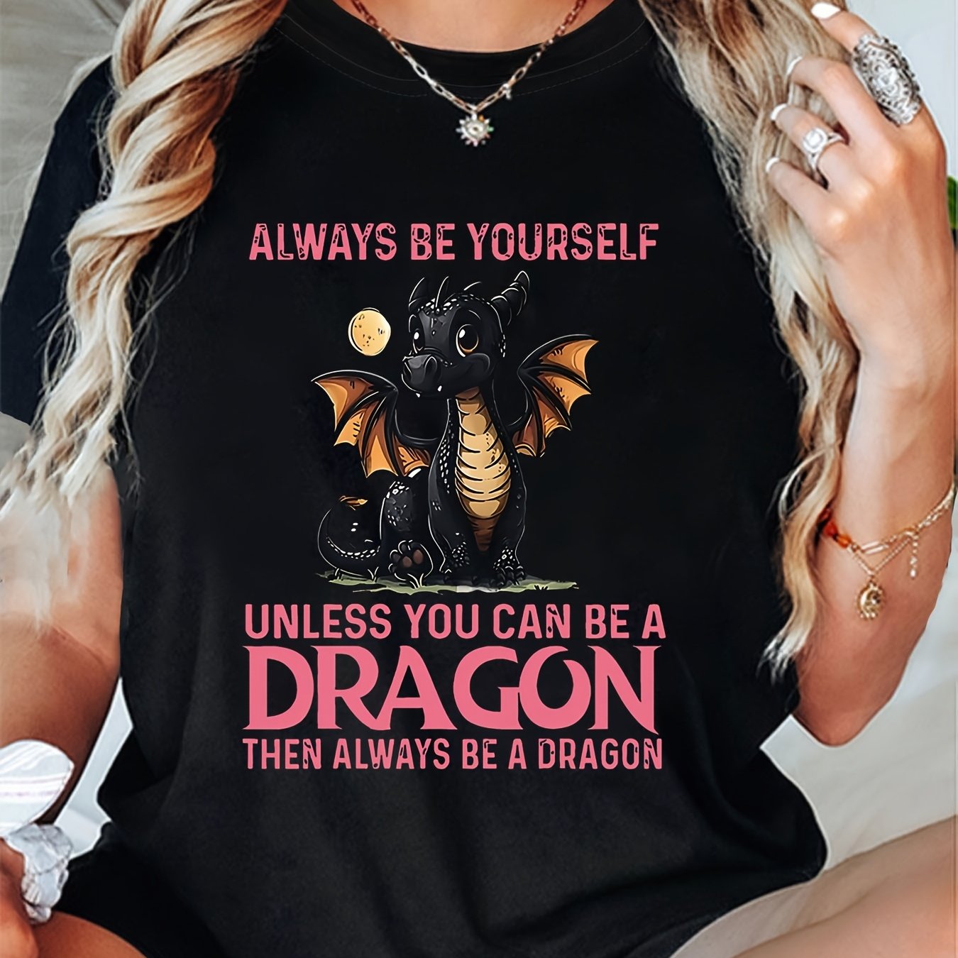 TEMU Plus Size - Plus Size - " A Dragon" Fun Dragon Pattern Printed Plus Size Women's Round Neck Short Sleeve T-shirt For Spring And Summer