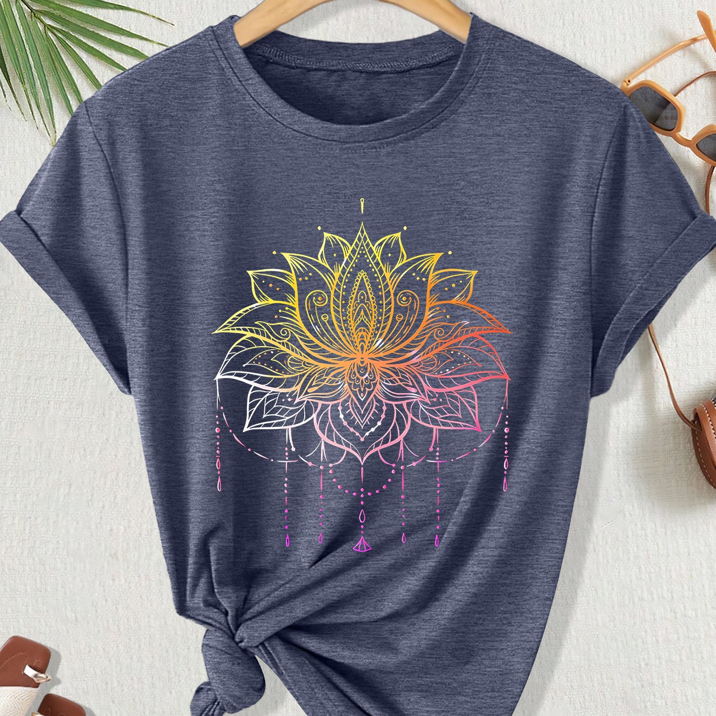 TEMU Women's Plus Size Short-sleeve T-shirt - Gradient For Lotus Mandala Print Round Neck Blouse-compatible Loose | Opaque Non-sheer Casual Shirt