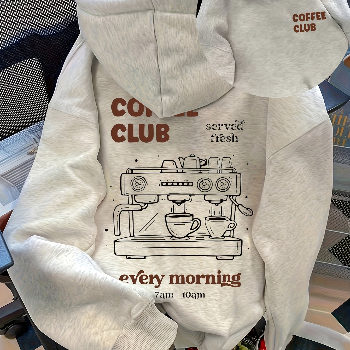 TEMU Women's Hooded Sweatshirt With "coffee Club" Lettering And Coffee Machine Line Drawing Pattern; Perfect For Autumn And Winter Casual Wear