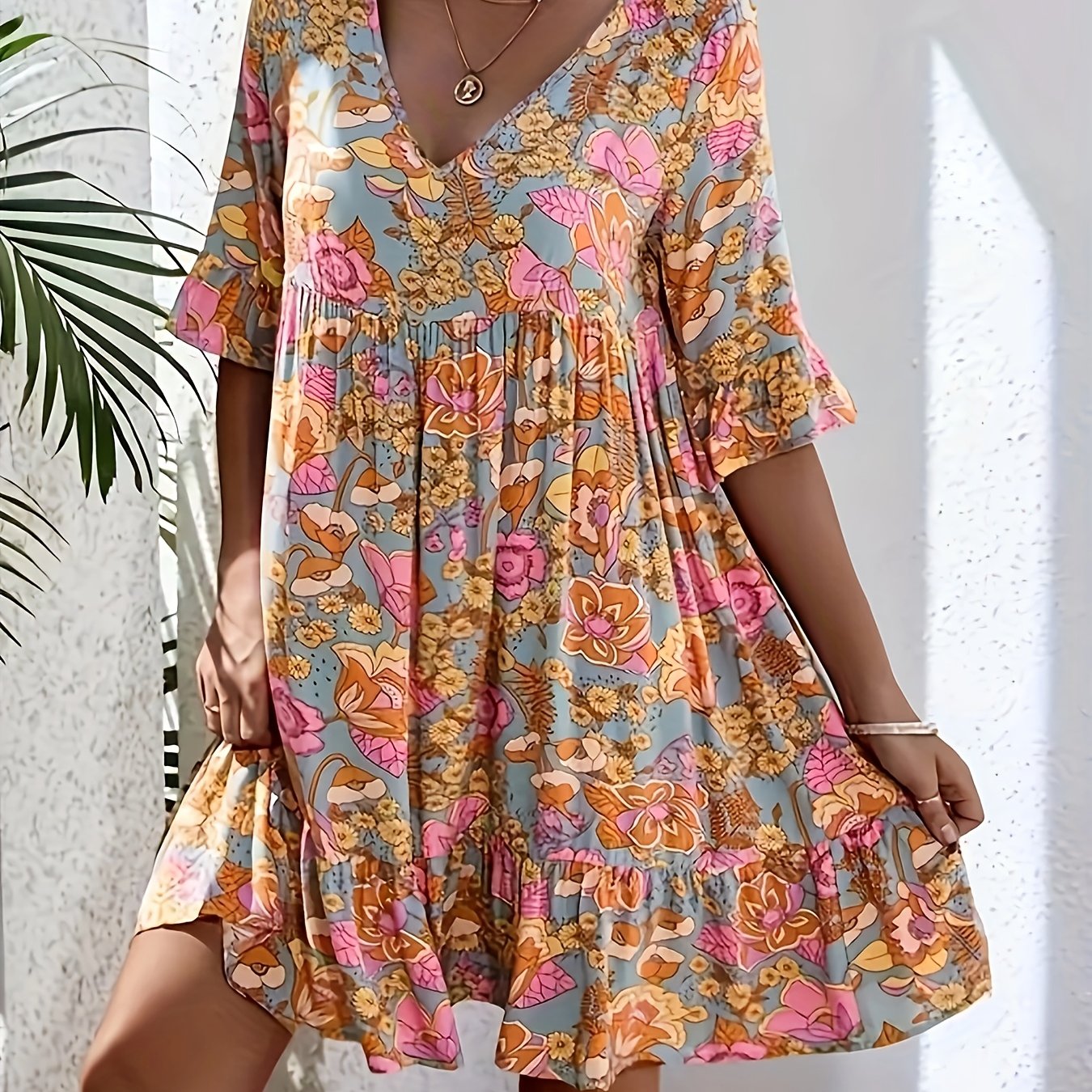 TEMU Floral V-neck Mid-sleeve Pleated Spring/summer Casual Mini Swing Dress
