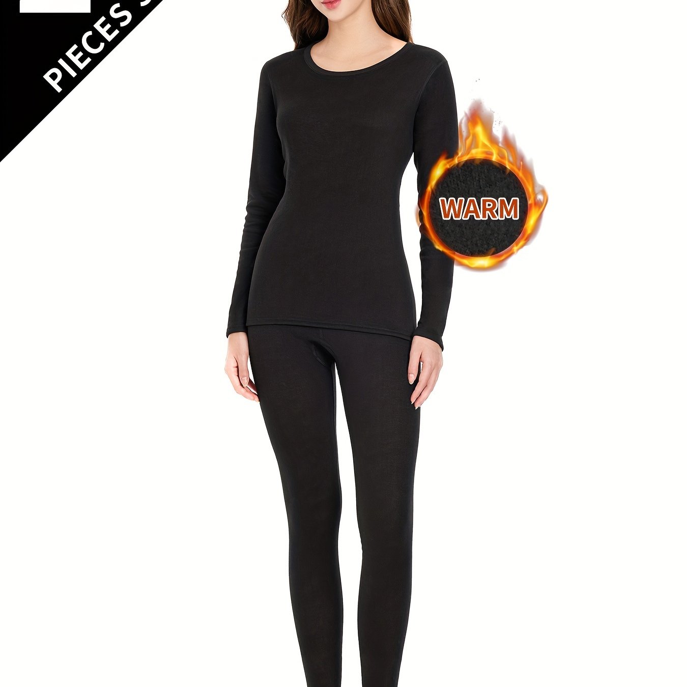 Image of Women's Thermal Underwear Set, Crew Neck Top + Pants, Winter Autumn Long Johns, Base Layer