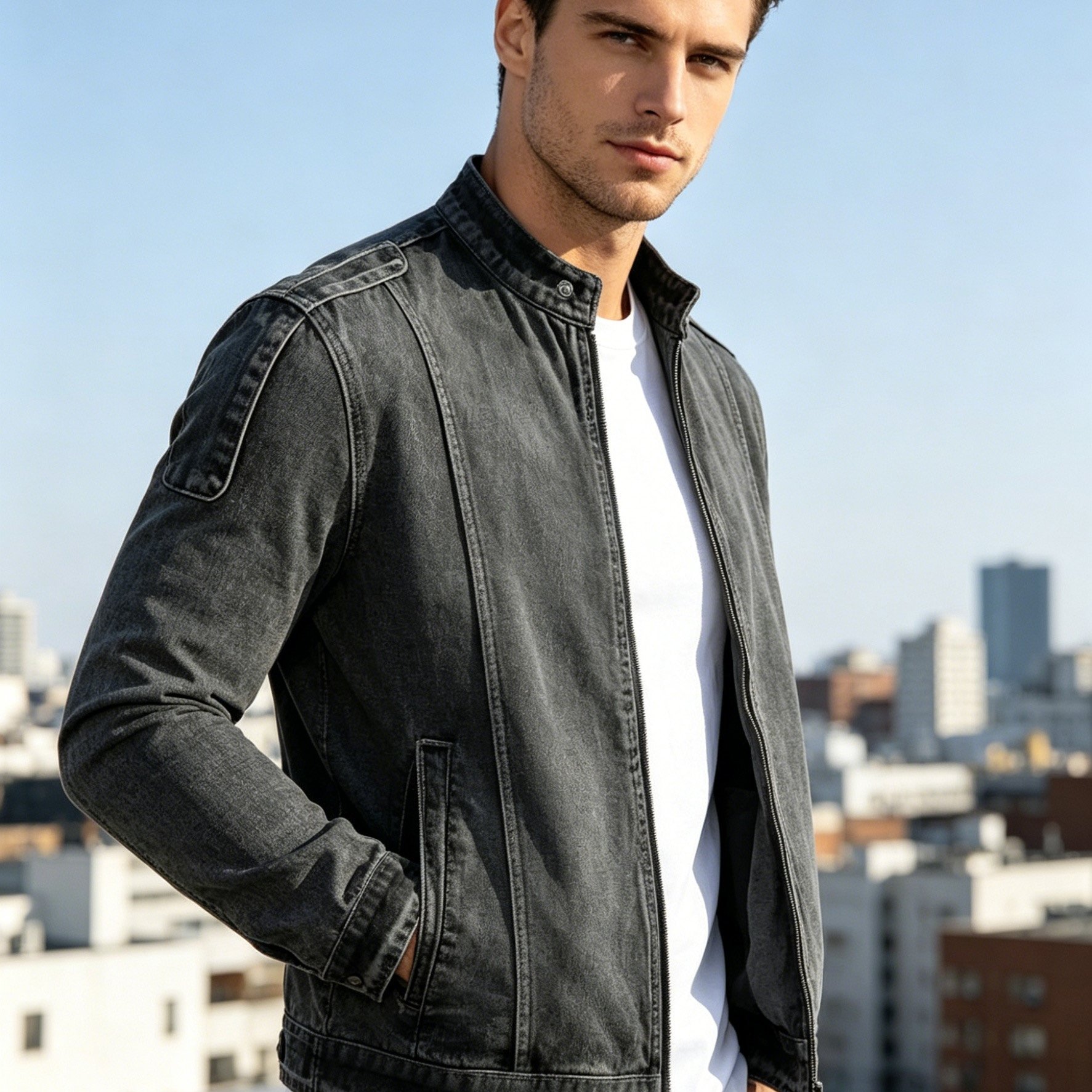 Hme And Gray Distressed Collar Zipper Denim Jacket Men' Pocket Slim Casual Jacket