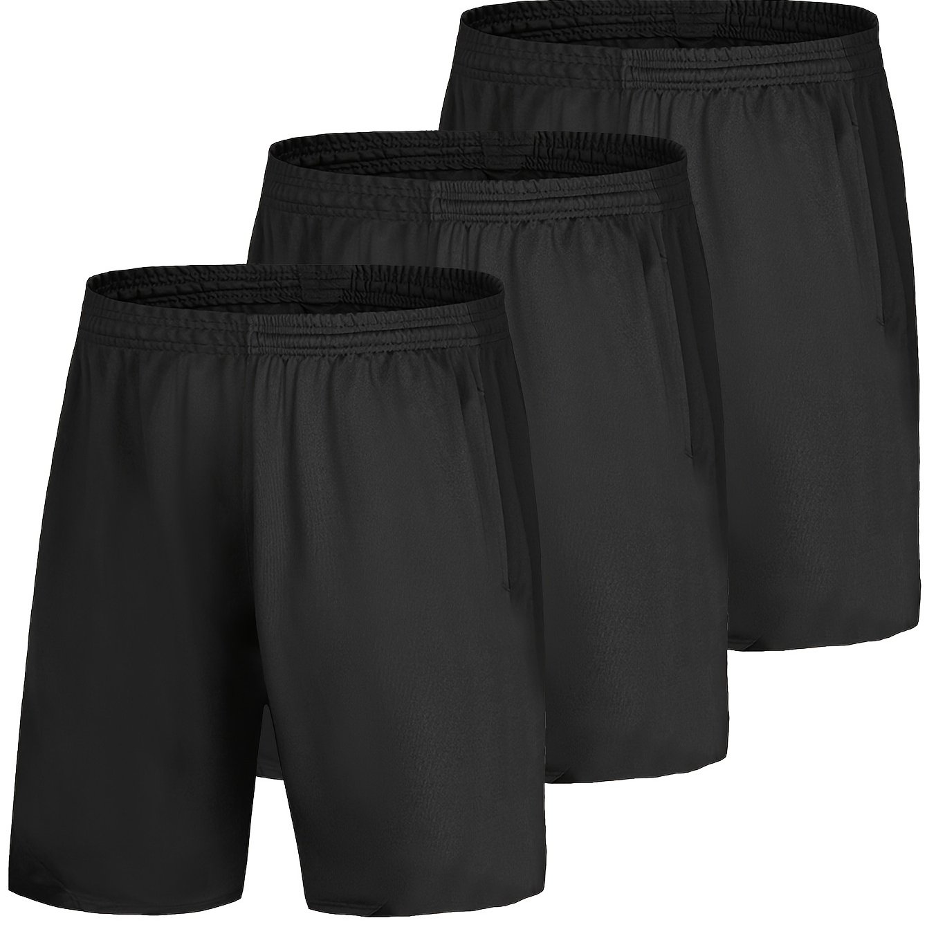 3pcs Men's Athletic Shorts, 95% Polyester 5% Elastane, Solid Color, Medium Stretch Knit Fabric, Regular Fit With Pockets, Ideal For Gym & Outdoor Activities - Sports Style