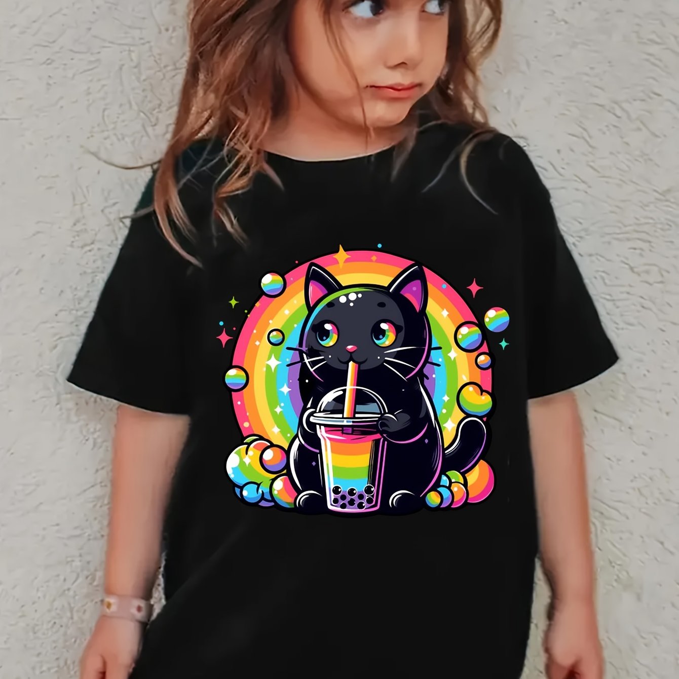 Image of A Casual And Trendy Short-sleeved T-shirt Featuring A Cartoon Of A Small Black Cat, Perfect For Milk Tea. This Elastic Round-neck Top Is Ideal For ' Everyday Wear In And Summer