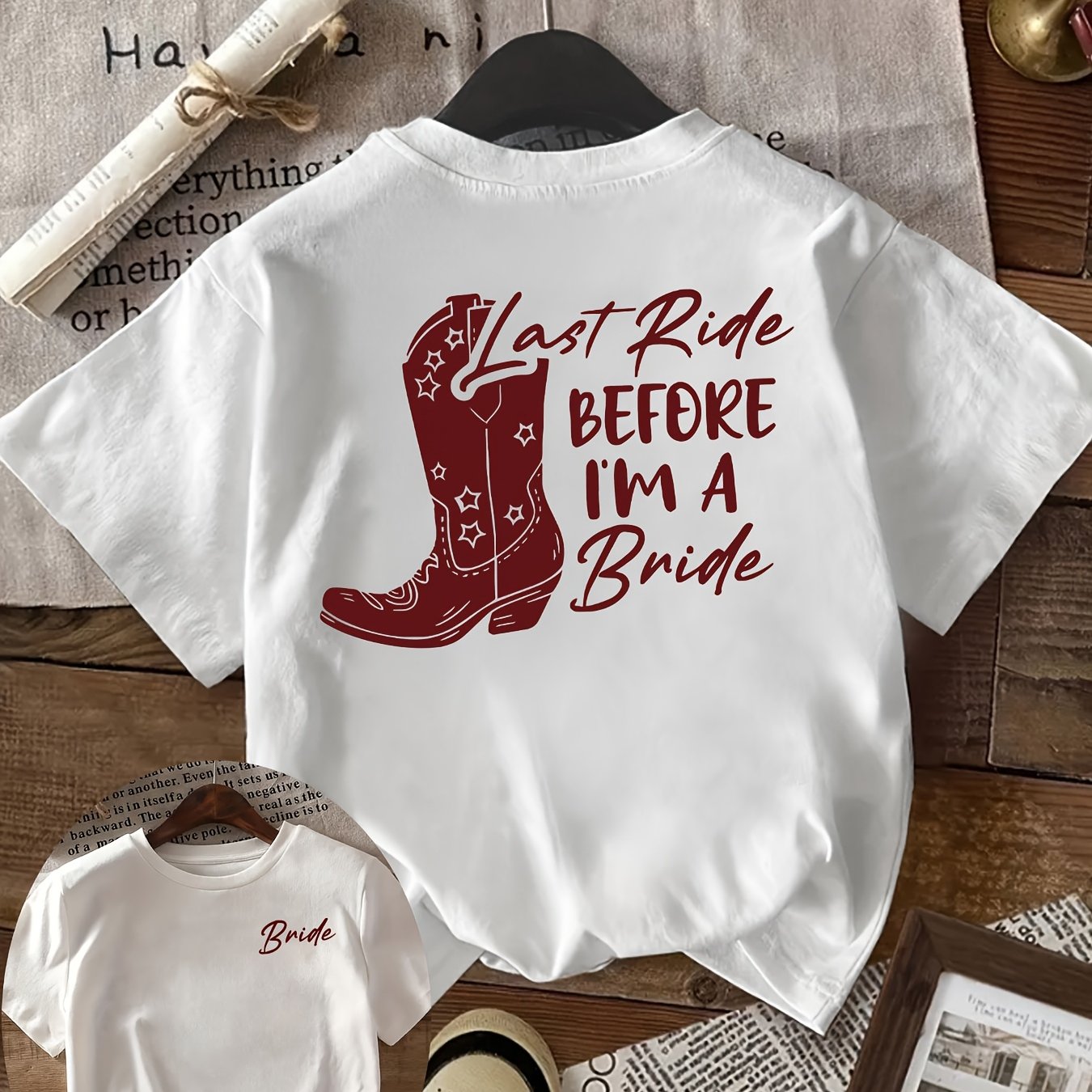 TEMU Double Sided Pattern Women's T-shirt -last Ride Before I'm A Bride Burgundy Printed Pattern For , Women's Clothing Simple, Comfortable, Loose, Y