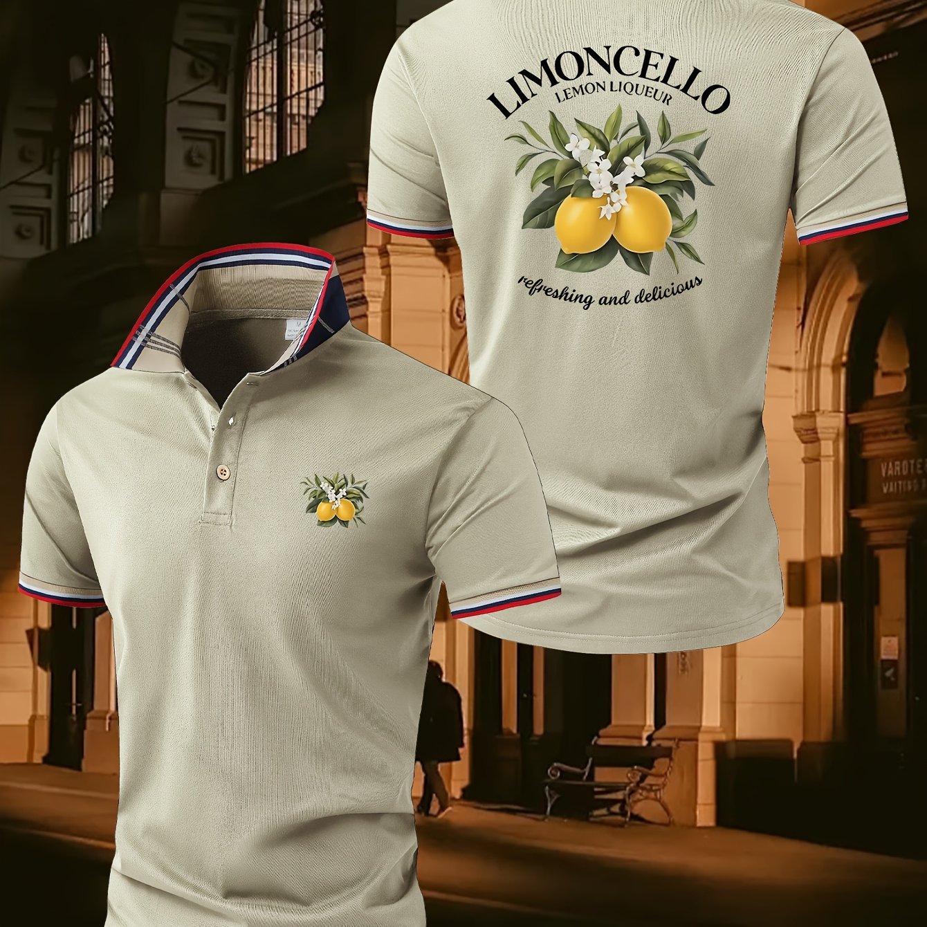 TEMU Collared Short-sleeve Casual Summer Lemon Pattern Limoncello Text Print Daily Casual Men's Shirt