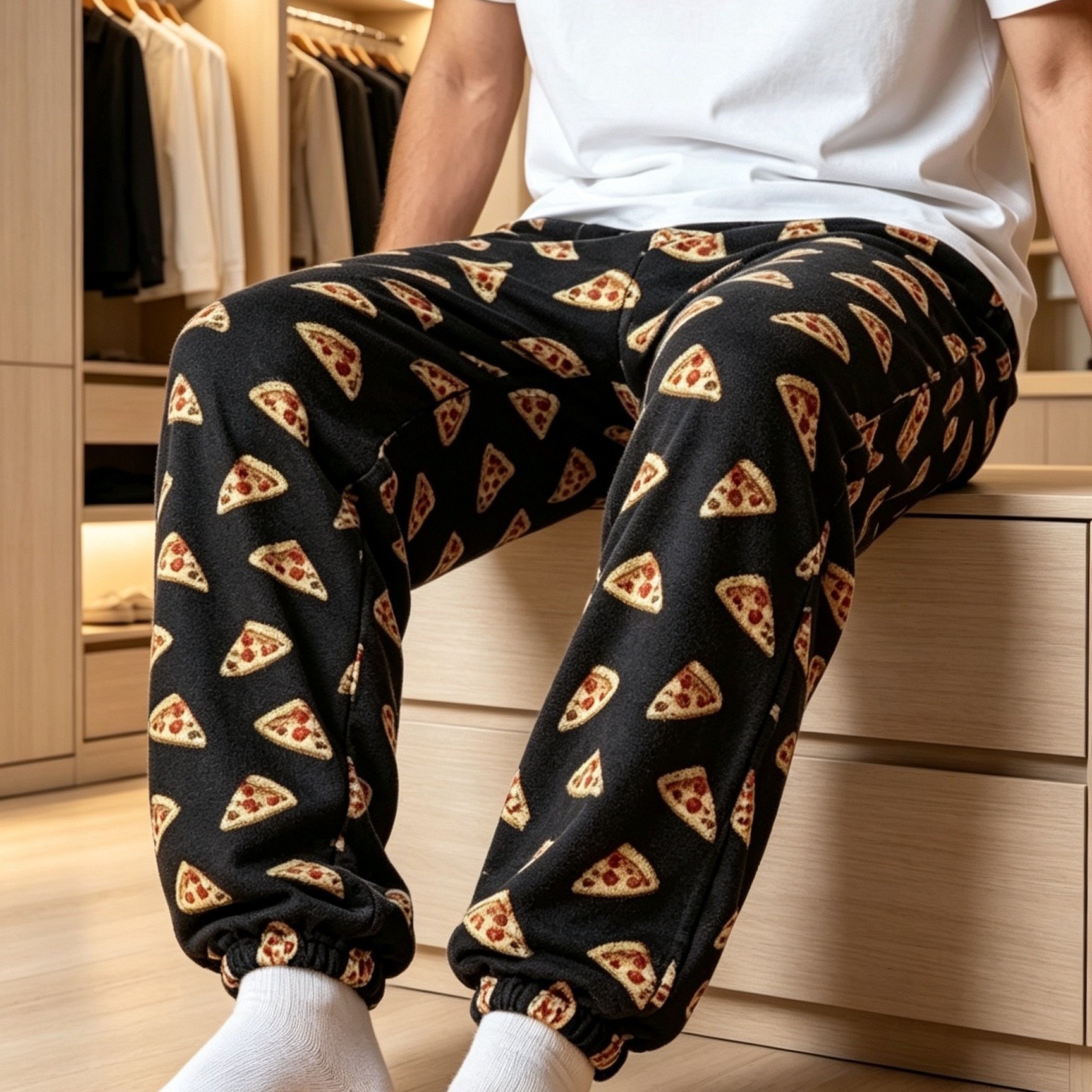 TEMU Men's Comfortable Pizza Print Pants - Soft, Lightweight Casual Trousers, Suitable For Casual Wear Or Sleepwear, Pants | |smooth Texture Fabric