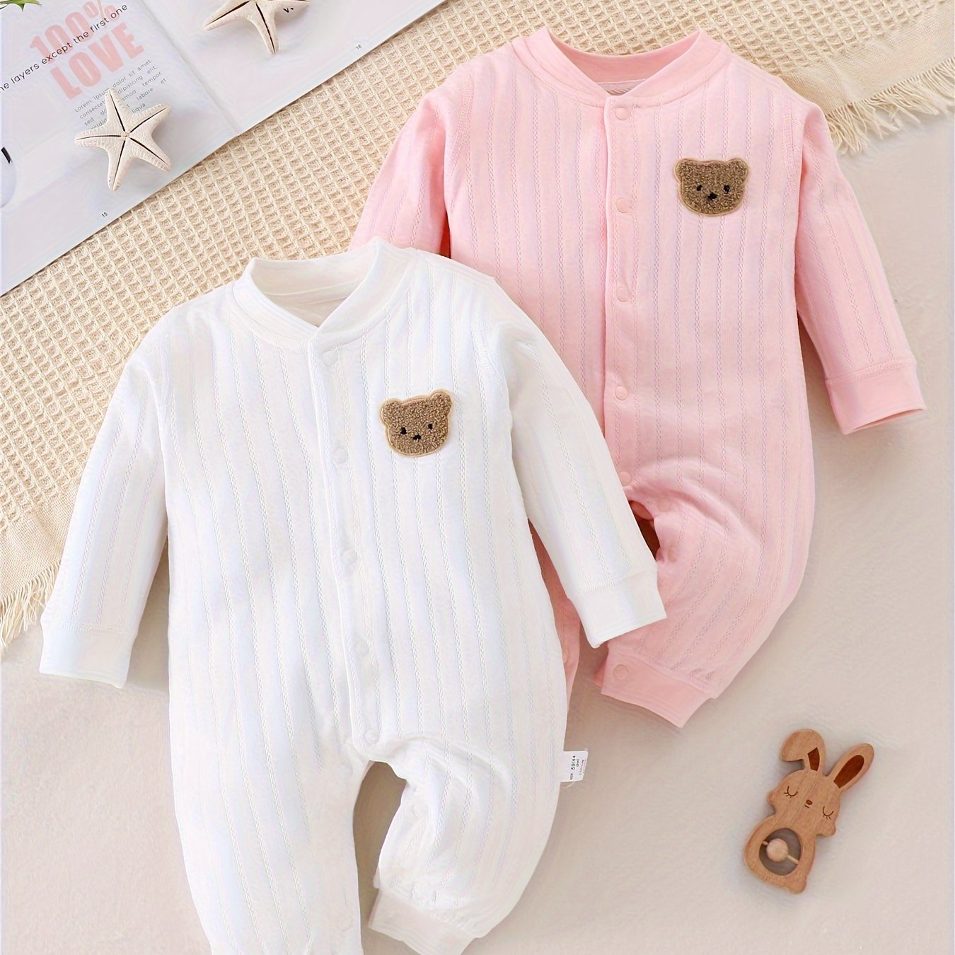 2pcs Baby Bodysuit Set - Cute Bear Print Solid Color Romper For Newborns, Comfortable And Casual, Perfect For Outdoor