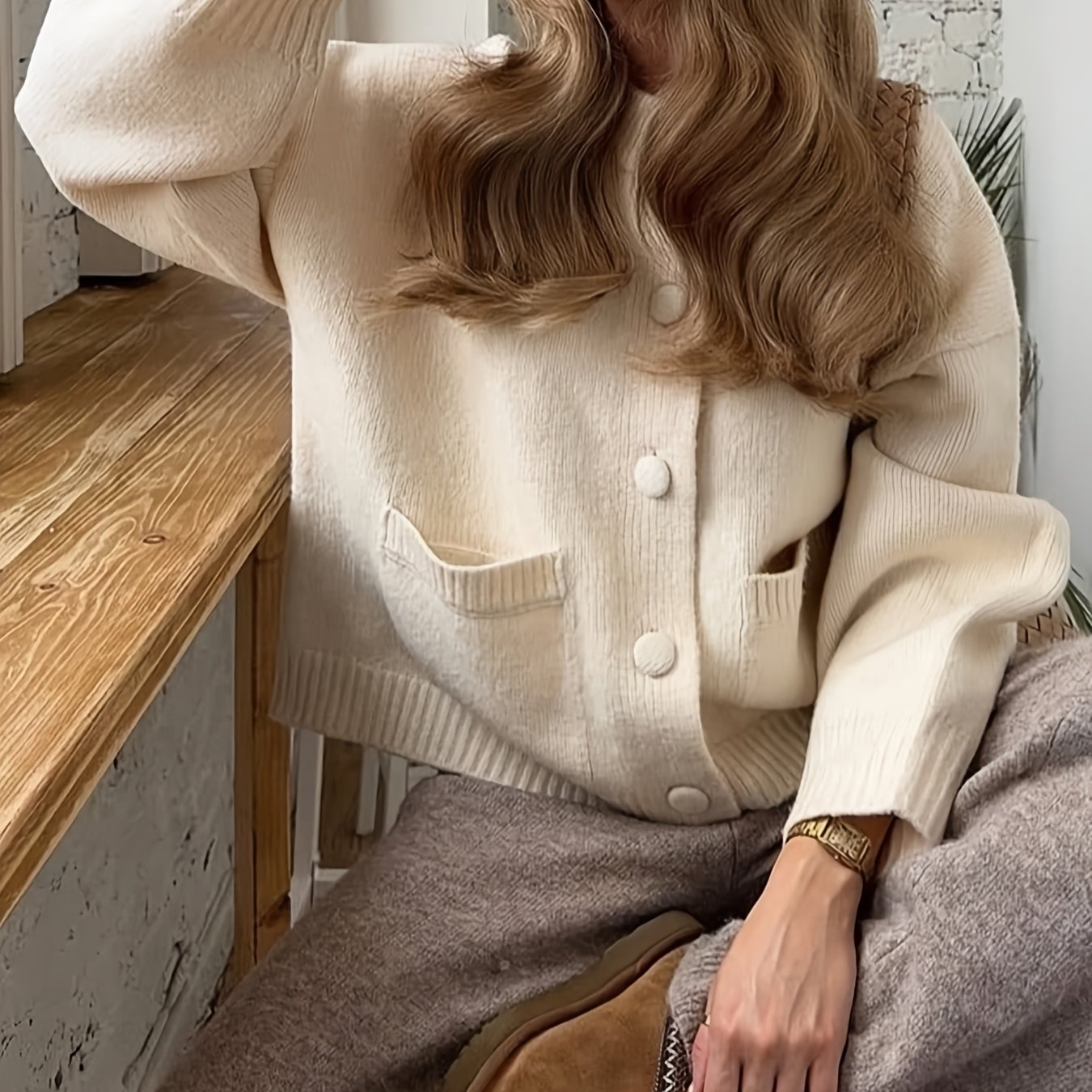 TEMU Women's Button Front Solid Color Long Sleeve Cardigan Sweater Crew Neck Casual Drop Shoulder Cardigan Top For Spring And Fall