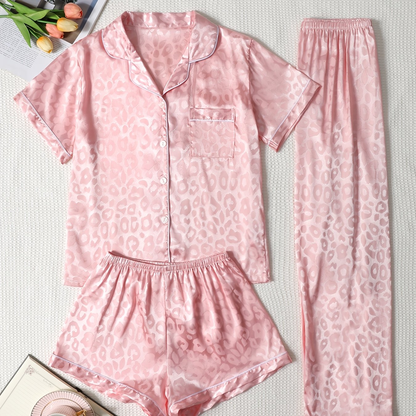 TEMU 3pcs Women's Leopard Print Short Sleeve Shorts And Long Pants Pajama Set