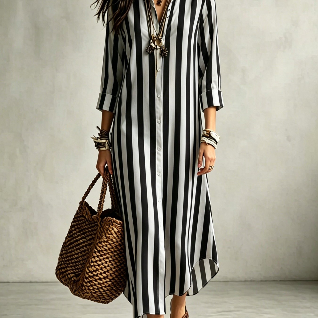 Women Black White Vertical Stripe Print Dress Lapel Split Loose Long Office Summer Dresses