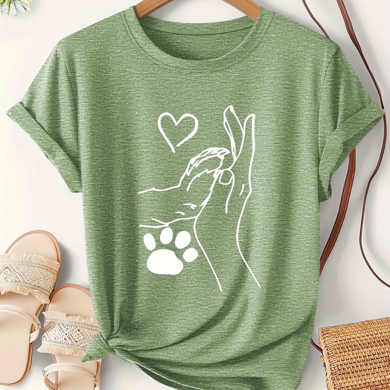 TEMU Women's -inspired Art Animal Paw Print And Heart -piece Summer Lightweight Short-sleeve Adorable T-shirt, Simple And Elegant Vintage Casual