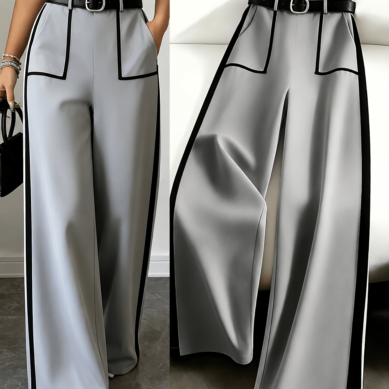 TEMU Grey Autumn And Winter Business Casual Wide Leg Straight Leg Pants, Stylish And Elegant Splicing Design, Loose Commuting Pants, Suitable For