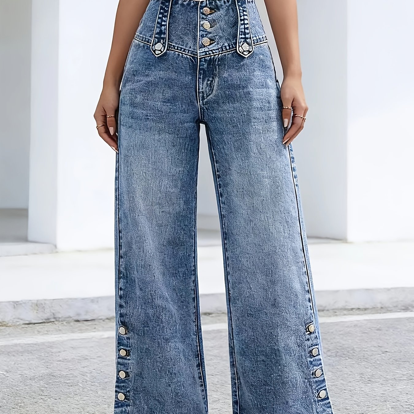TEMU Women's Casual Fashion Button-waist Relaxed Fit Jeans Featuring An Open-, Versatile For Multiple Occasions A , Staple That Pairs Effortlessly