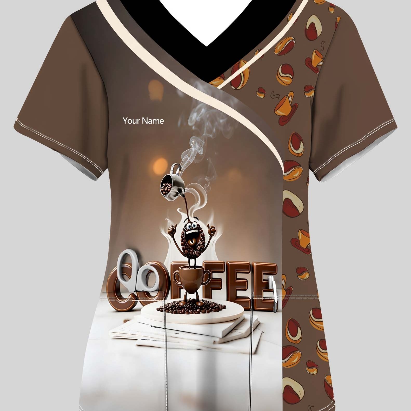 TEMU [customization] Name Custom V-neck Pocket Barista Work Shirt, Coffee Letter Print V-neck T-shirt, Double Front Pocket Commuter T-shirt, Women's