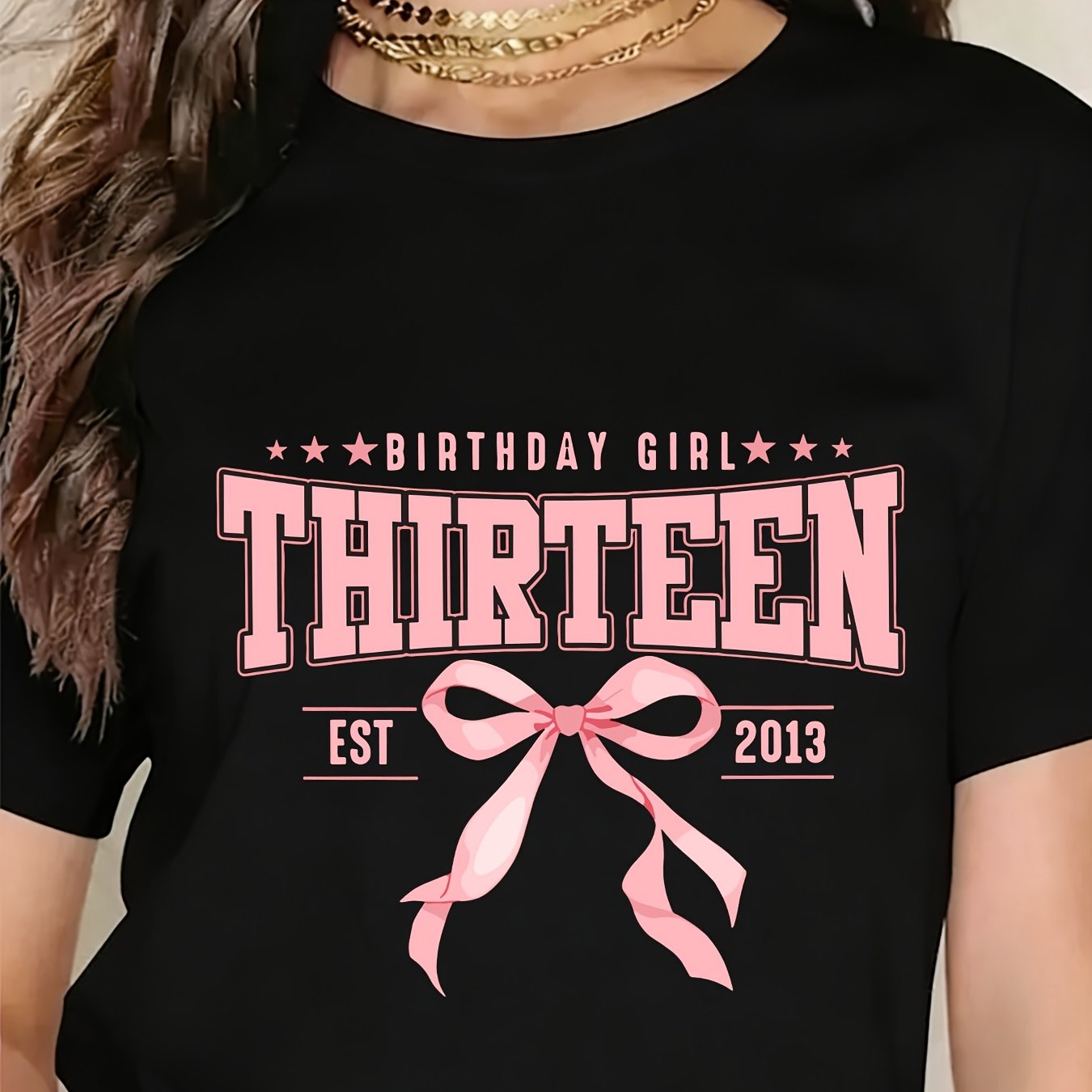 TEMU 13th Birthday Girl "" Letter Print T-shirt, Summer ' Round Neck Knit Short Sleeve, Comfortable And Durable Comfortable Loose Top, Outdoor Sports