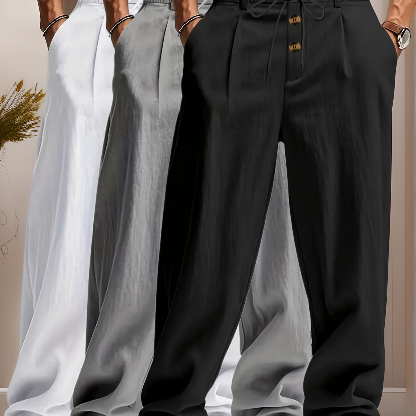 TEMU 3 Men's Linen Straight-leg Trousers With Drawstring Design, Button Pockets, For Beach, Casual, Dating, And Loungewear, Fashionable Long Pants
