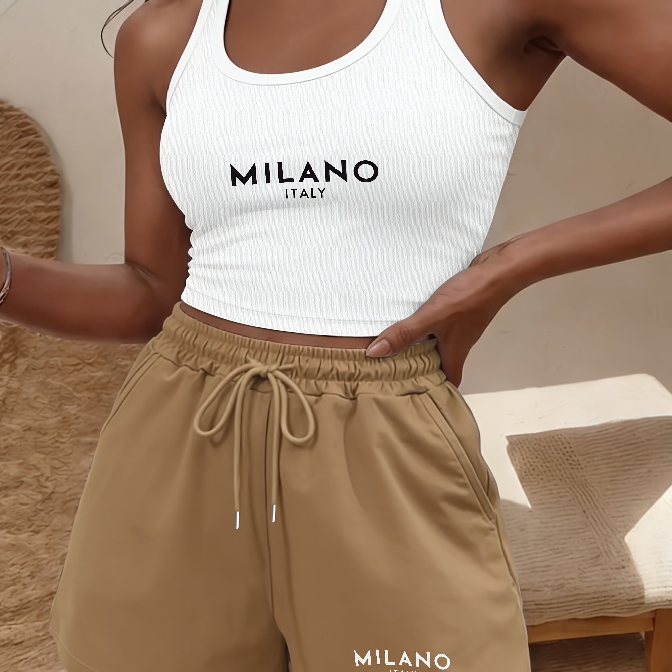 TEMU Soft And Comfortable Crop Top And Drawstring Shorts Set, Ideal For Relaxing, , And Casual