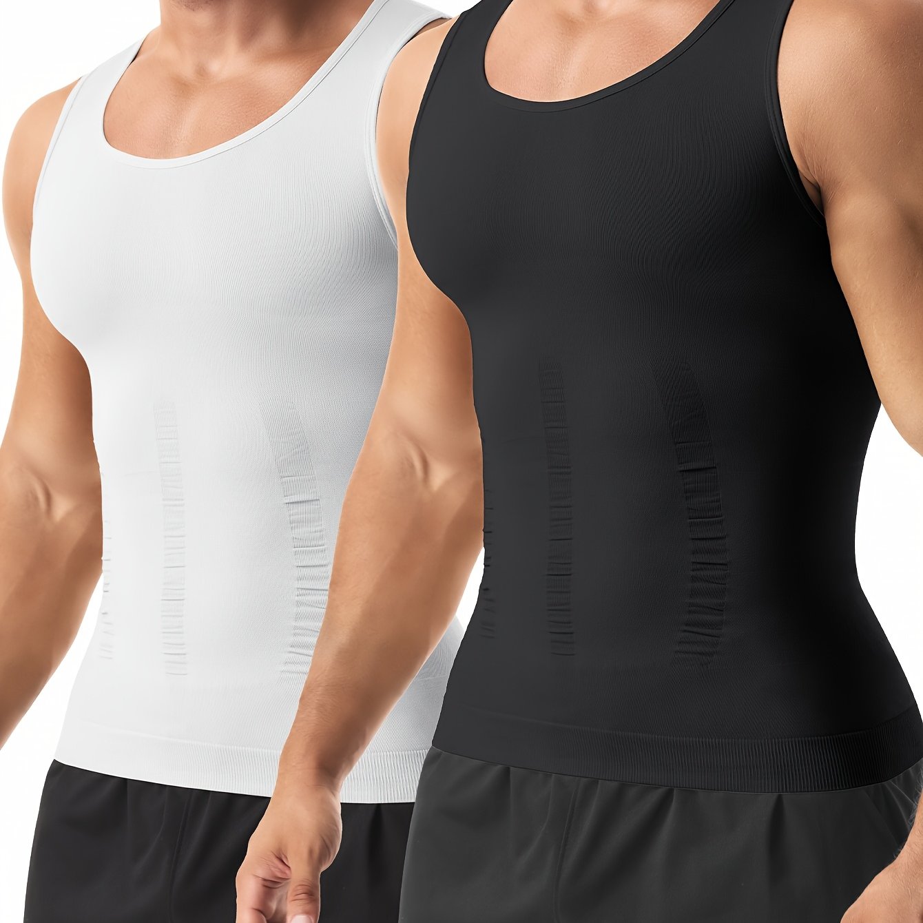 2-pc Men's Body Shaper Vest - Slimming Compression Undershirt, Body Shaper And Back Support, Abdominal Control, Nylon Breathable Material, Gray, Blue