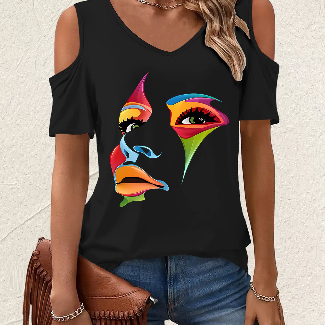 TEMU Patterned Print, V-neck Off-shoulder T-shirt
