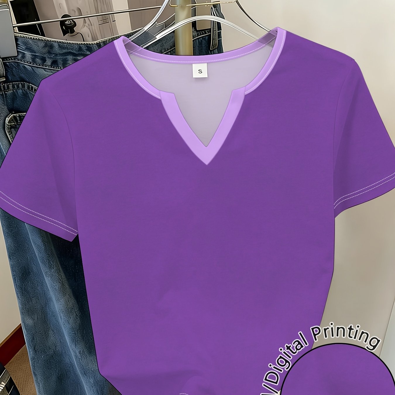 TEMU Purple V-neck Short Sleeve Top, Easy And Fashionable, Versatile And ; Summer New Women's Casual Loose-fitting T-shirt For Everyday Wear,