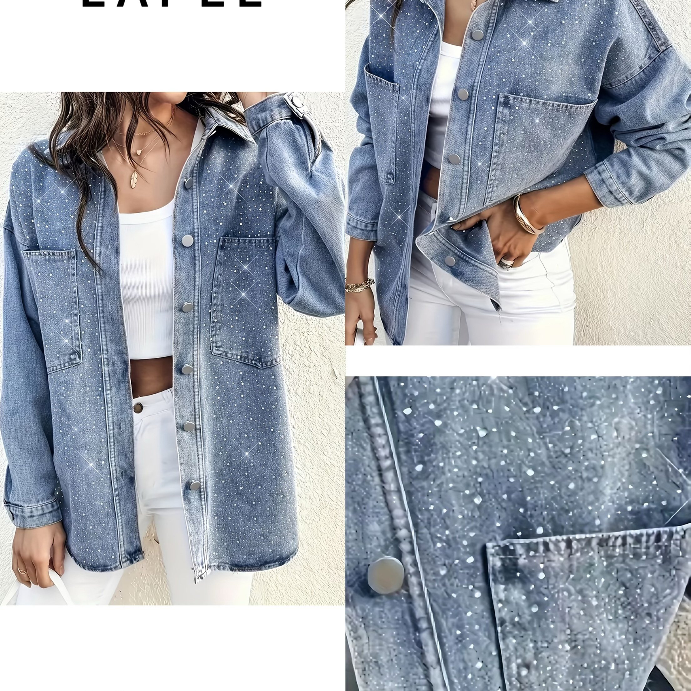 Image of Women's Embellished Long Denim Jacket - Button-up Front Coat, Non-stretch Fabric, Outerwear, Fashionable Outfit, Exquisite Stitching, Trendy Outerwear, Must-have For Fashion Enthusiasts