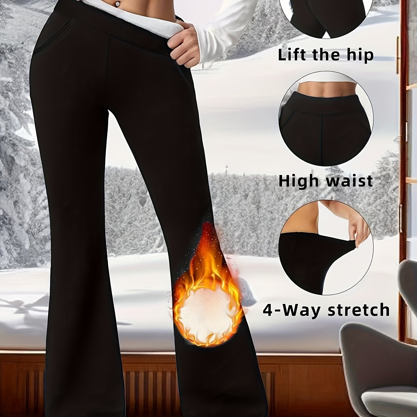 TEMU New Women's -lined Flared Pants With Pockets - Thickened Plush Winter Compression Leggings, Stretchy -lifting For Daily, Casual,, And Versatile
