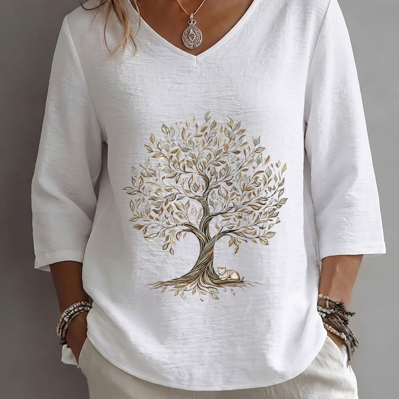 TEMU Women's Blouse V-neck To Mid-length Or Blouse Top - Loose Fit Three-quarter Sleeve Shirt With Tree/cat/leaf Print, Spring Summer Fall Casual