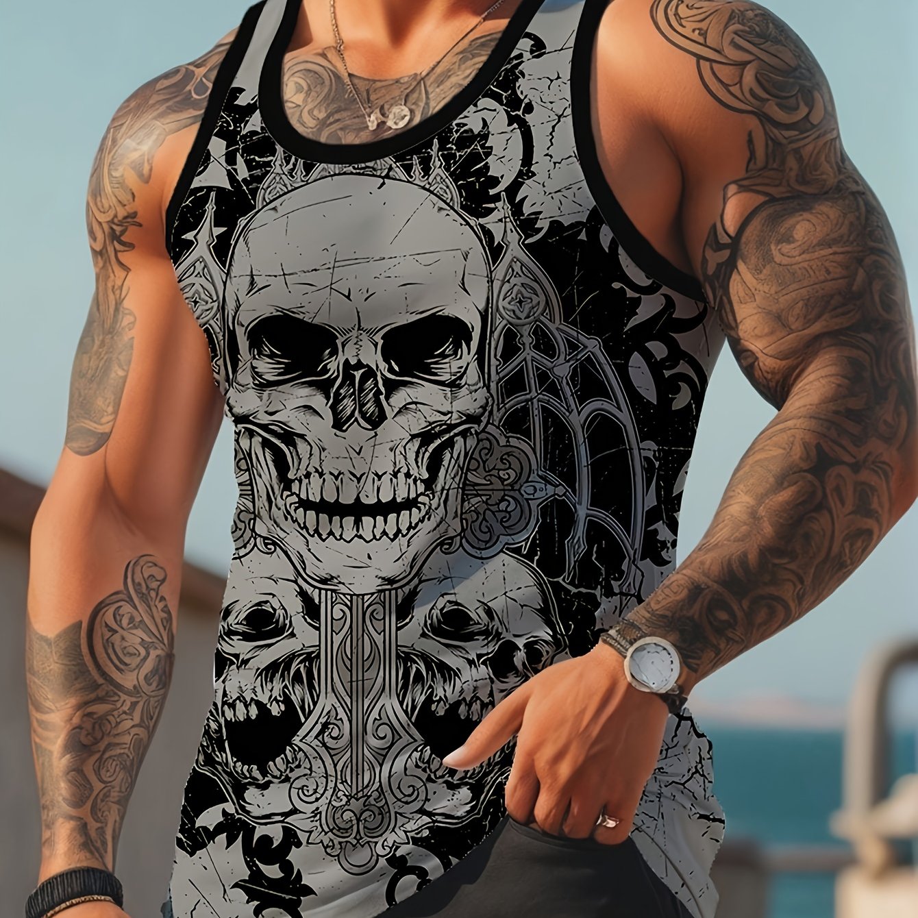 E-shop Herren-Schädel-Print Tanktop - Lebendiges Türkis & Schwarz Grafik, Ärmelloses Sommerhemd mit Blumenmuster, Regular Fit für Erwachsene &