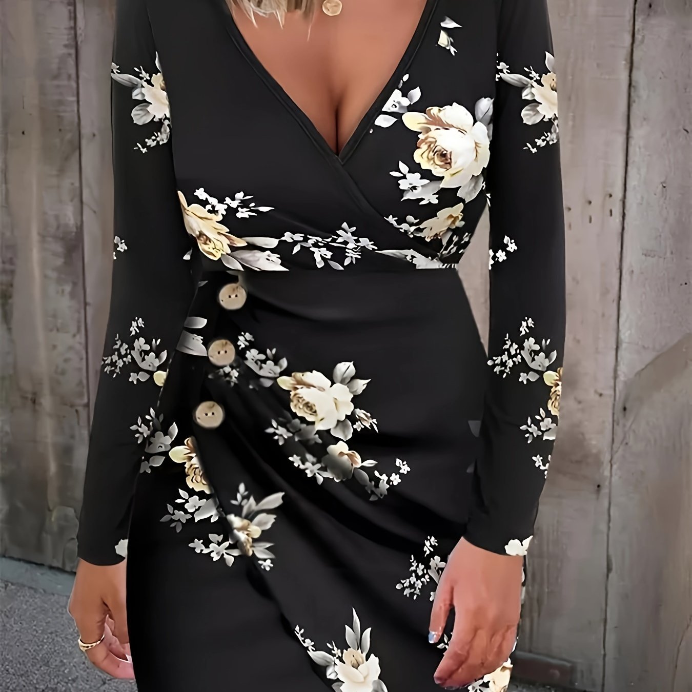 floral print v neck dress elegant long sleeve ruched button dress womens clothing