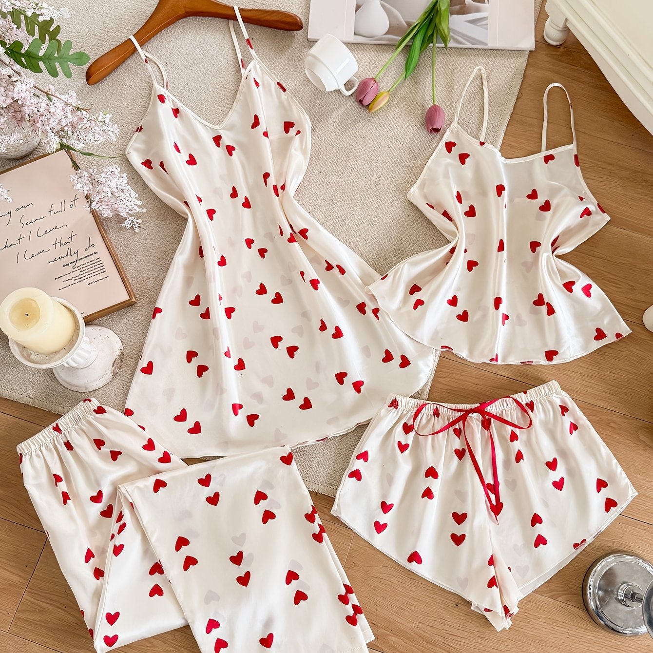 TEMU 2026 New 4pcs Sleepwear Set Of Nightgown, Suspender Shorts, And Long Pants, Heart Print Sweet Outfit
