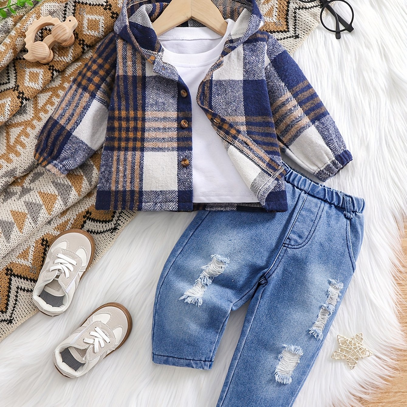 Image of 2pcss Toddler Long Sleeve Plaid Hooded Top And Pants, Baby Boy Casual 2pcss Set Plaid Hoodie And Pants Outfit, Suitable For Holiday Party Children's Gift Wear, For Outdoor
