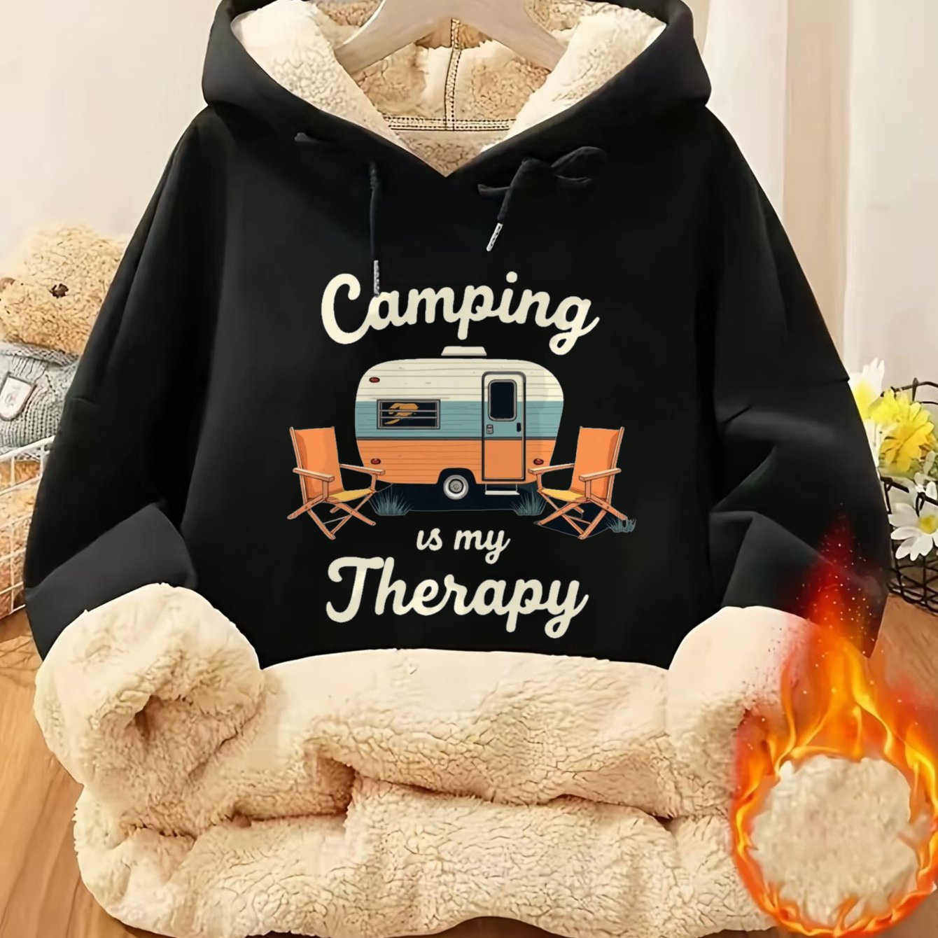 Autumn/winter Lamb's Fleece Hoodie, Plush Lined, Thickened For , Drawstring Hood, "camping Is " Print, Stylish, Casual, And Comfortable Women's Apparel