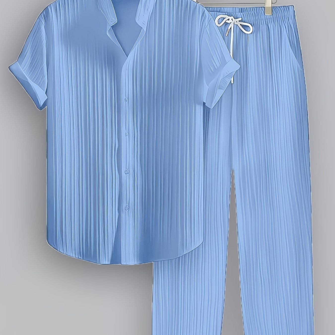 TEMU Outfits 2pcs Summer Casual Striped Polyester Set Short-sleeve Stand Collar Shirt And Drawstring Pants Non-stretch Woven Fabric Regular Fit For